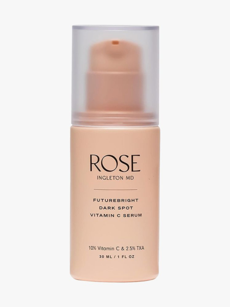 Rose Ingleton MD Future Bright Vitamin C Dark Spot Serum peach bottle of serum on light gray background
