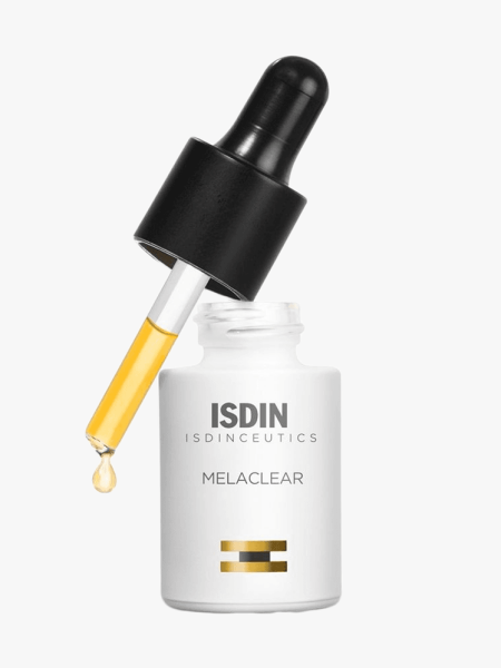 Isdin Isdinceutics MelaClear branded dropper component on light gray background